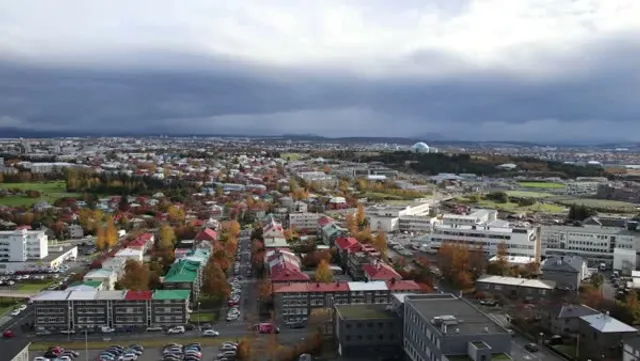 A frame from A view from the Hallgrímskirkja tower across Reykjavík.