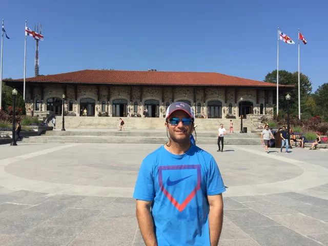 A traveler near the Mount Royal chalet.