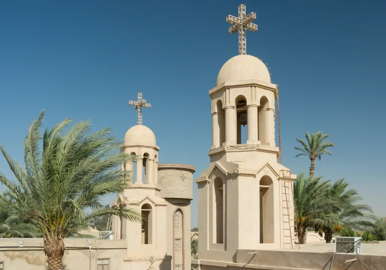 Palm trees and the cross-topped towers of Baramous Monastery in 2012.