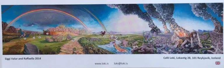 Café Loki’s illustrated Norse mythology card, with numbered scenes and artist credits.