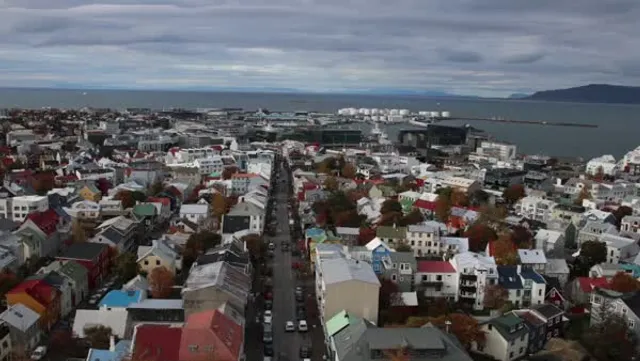 A frame from A view from the Hallgrímskirkja tower toward the ocean.