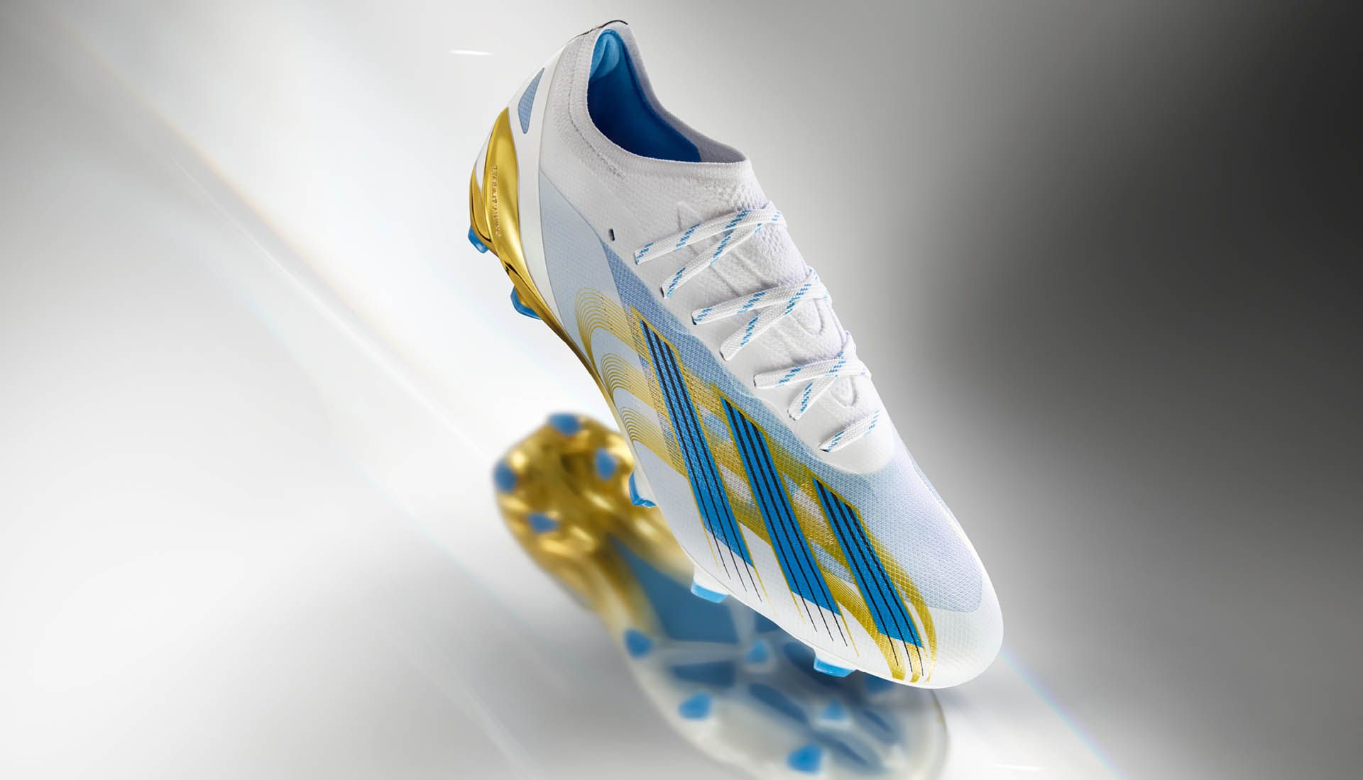 Editorial studio photo of Messi with the adidas X Crazyfast "Las Estrellas" boots