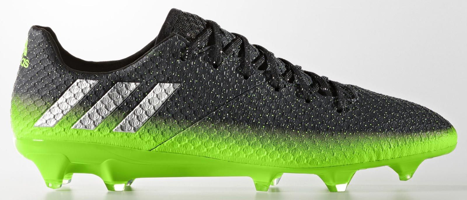 Messi 16.1 "Space Dust" colorway, Dark Grey/Silver Metallic/Solar Green galaxy-print upper, lateral view