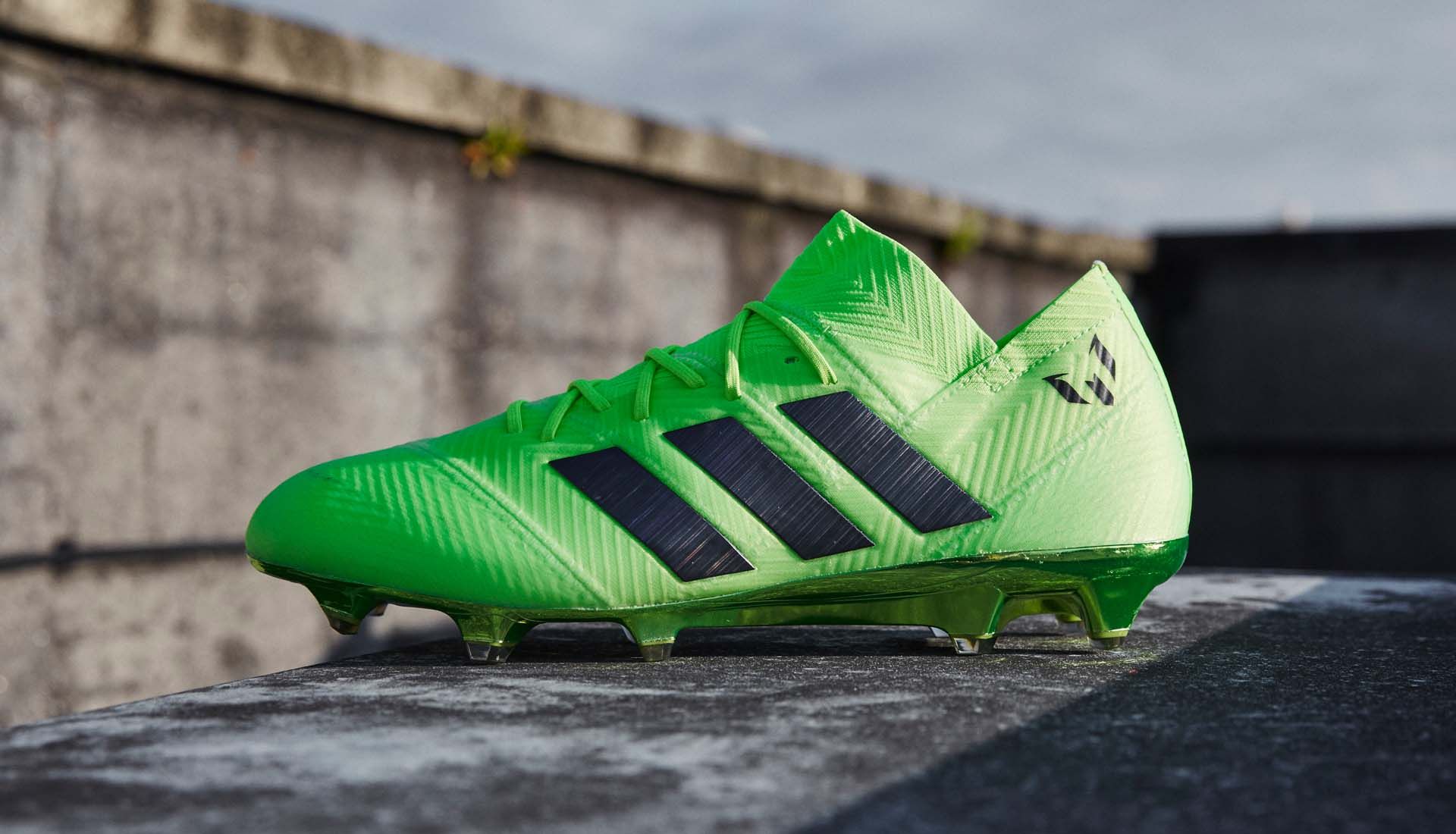Nemeziz Messi 18.1 "Energy Mode" lateral side view, Solar Green/Core Black colorway
