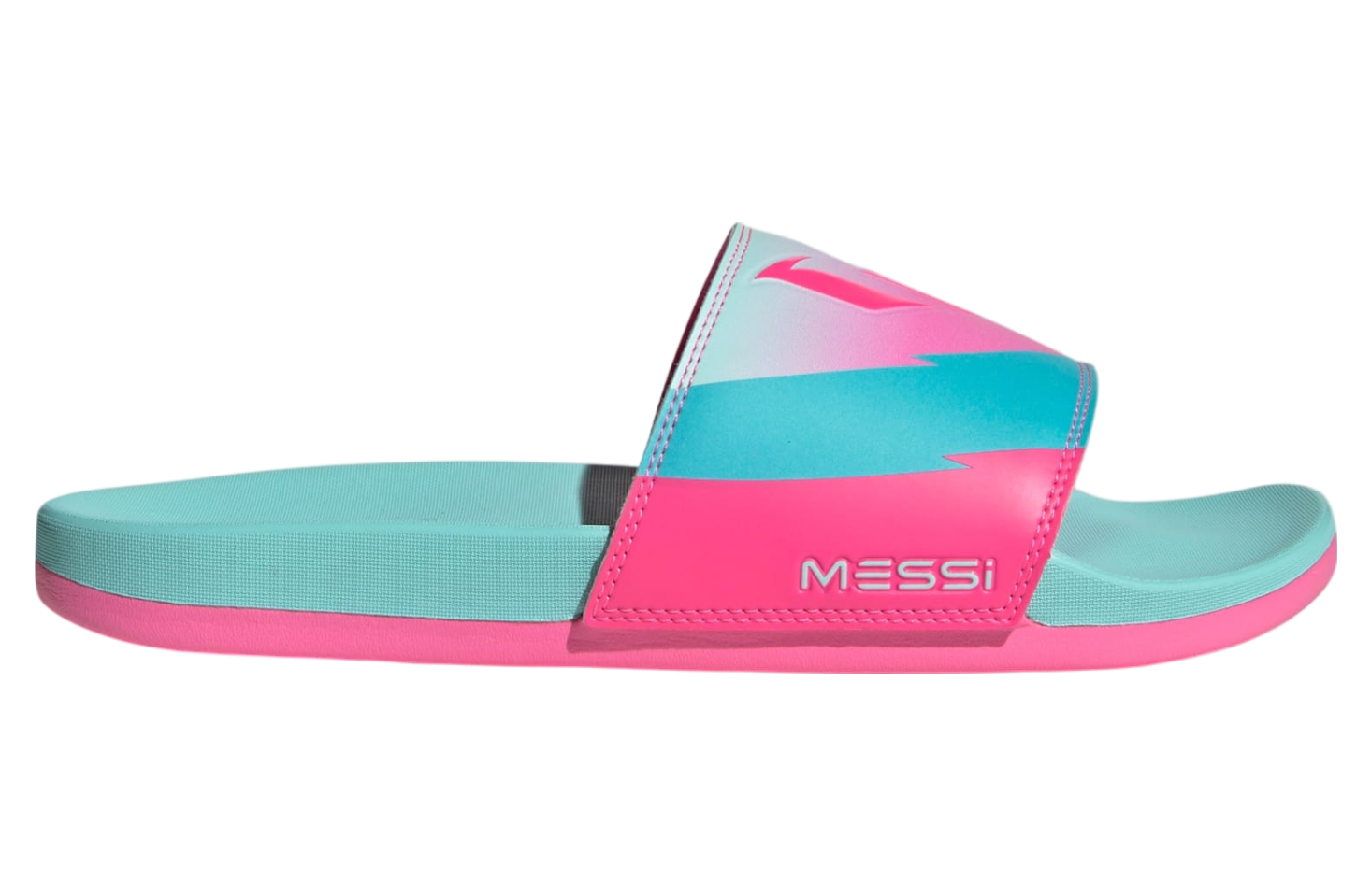 adidas Adilette Comfort Messi "Flash Aqua/Lucid Pink/Lucid Cyan" studio product shot