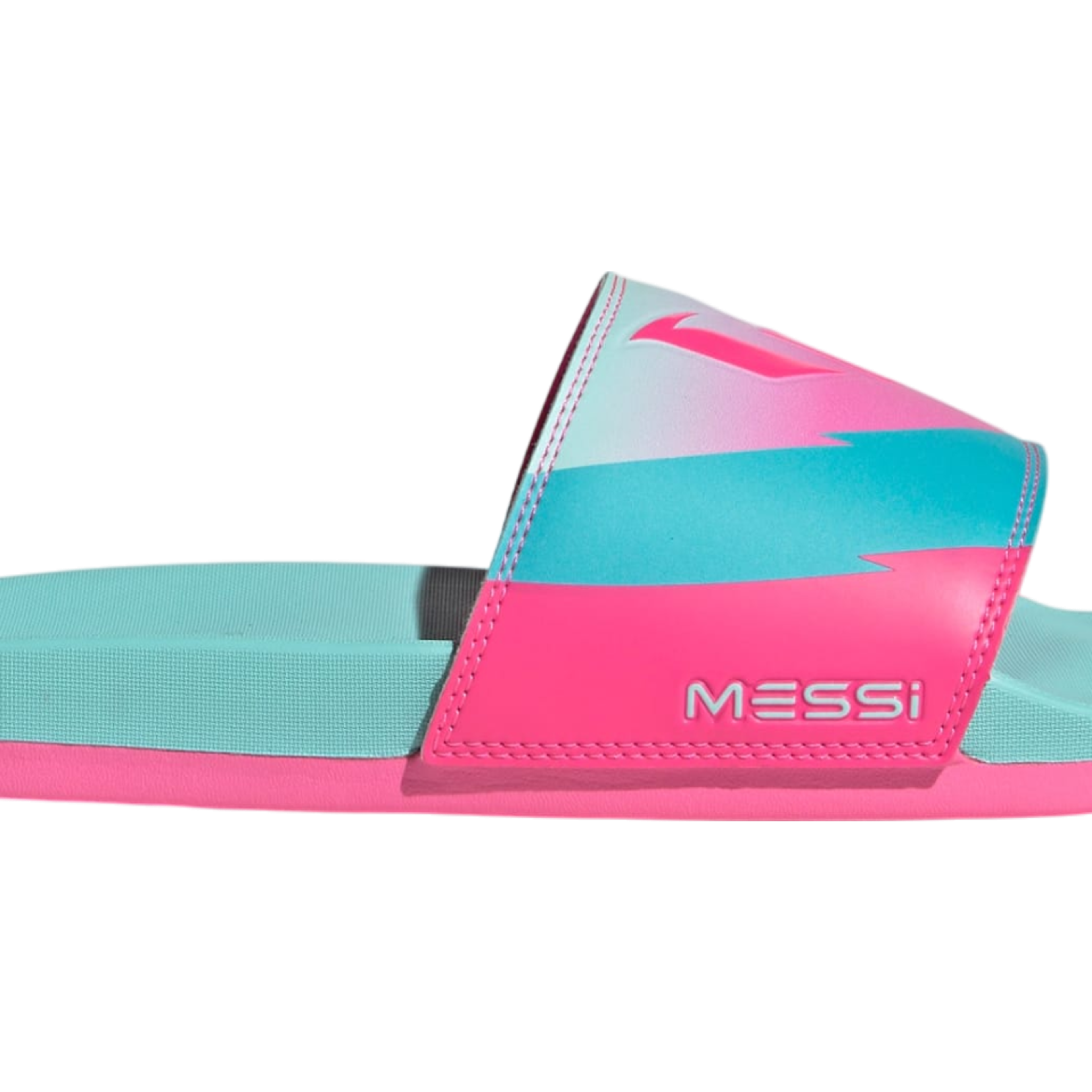 adidas Adilette Comfort Messi "Flash Aqua/Lucid Pink/Lucid Cyan" studio product shot