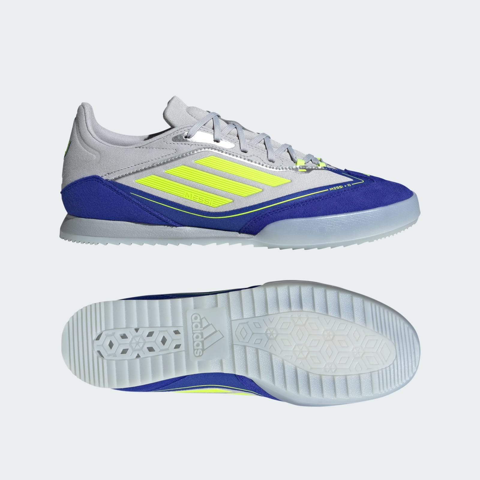 F50 Messi Freestyle Indoor Soccer Shoes, Silver Metallic/Solar Yellow/Lucid Blue (JH8830): lateral/side view