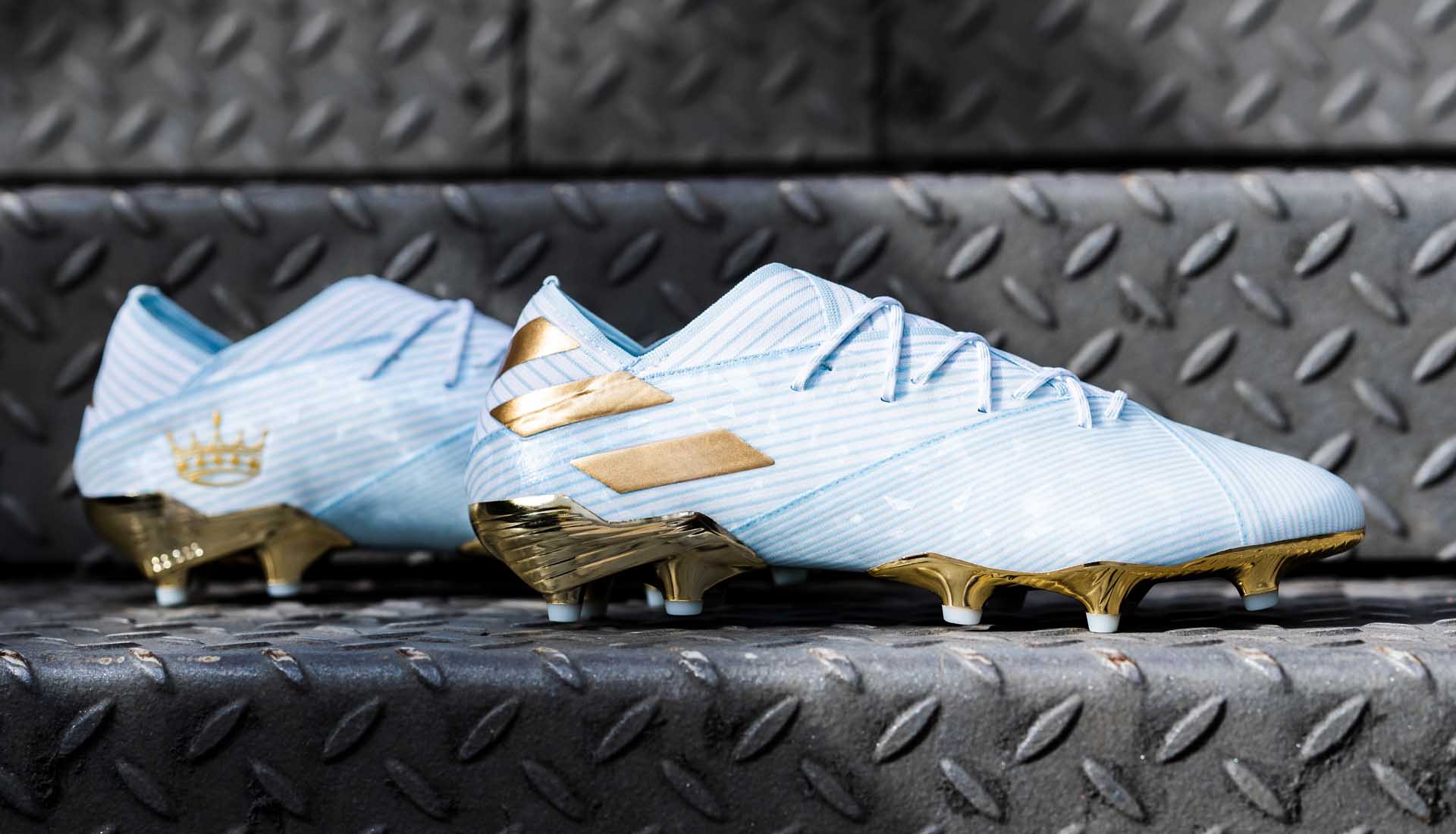 Nemeziz Messi "15 Years" lateral side view, white/blue upper with gold accents