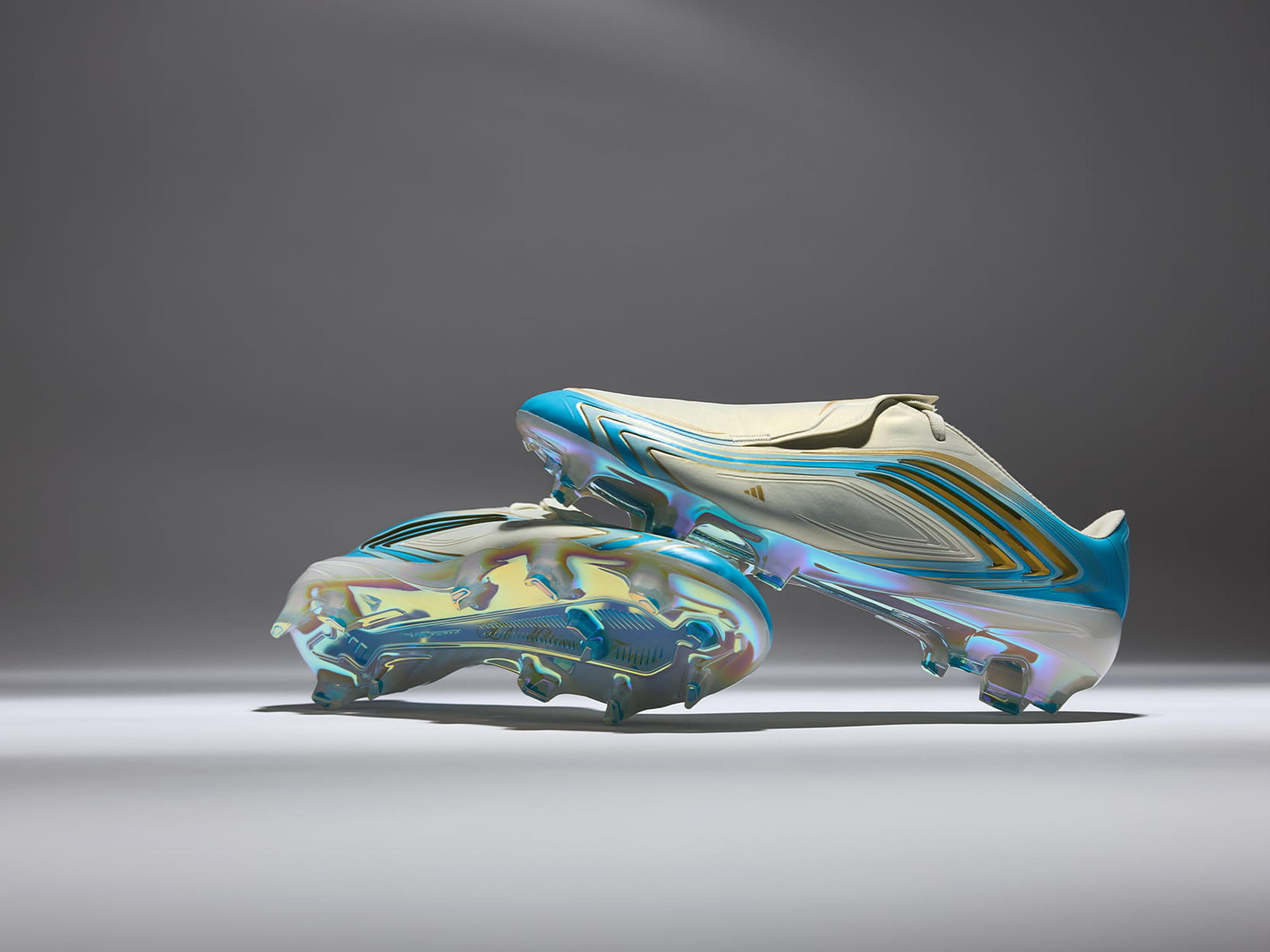 F50 Messi El Ultimo Tango lateral view showing the Ivory/Semi Blue Burst colorway and claw-like Three Stripes