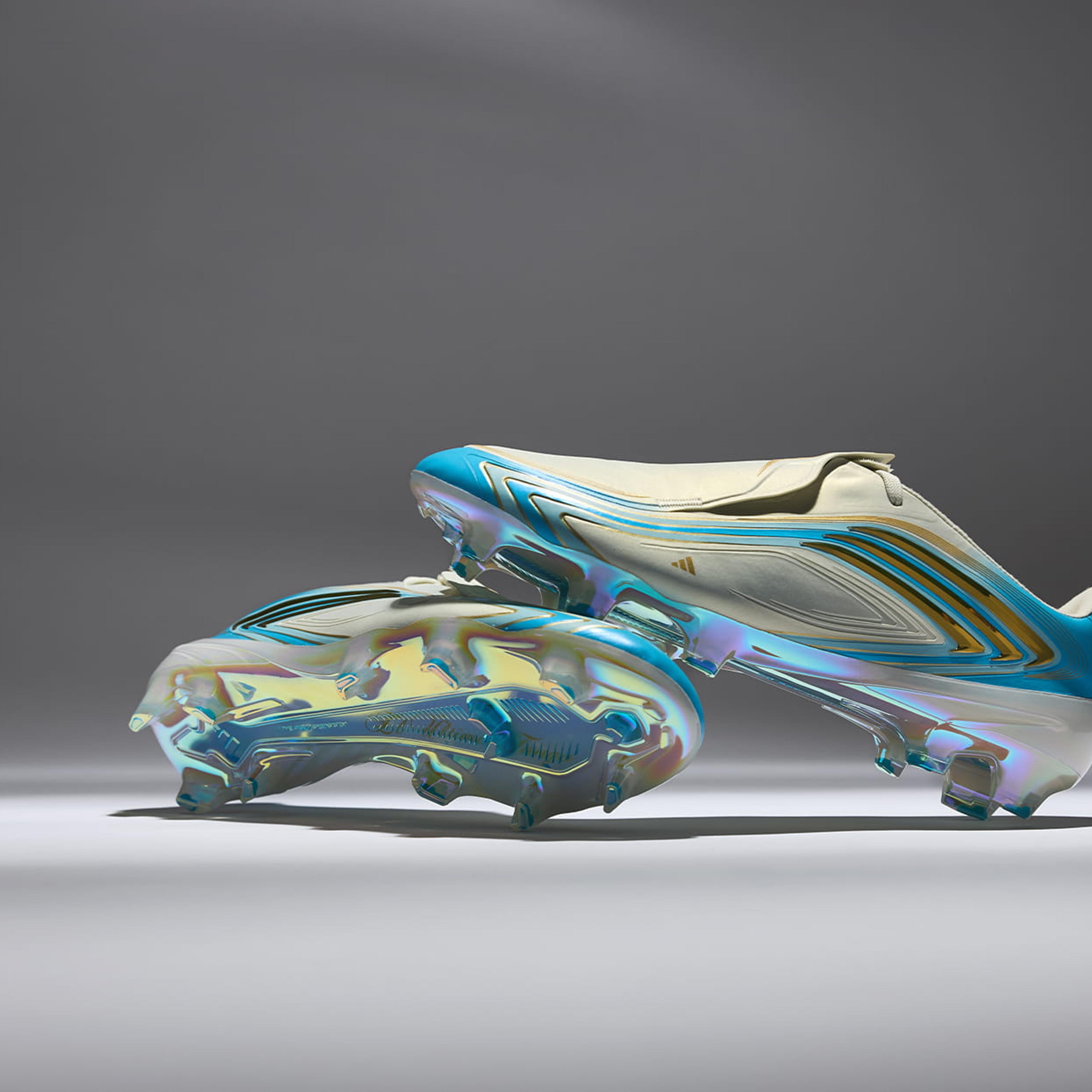 F50 Messi El Ultimo Tango lateral view showing the Ivory/Semi Blue Burst colorway and claw-like Three Stripes