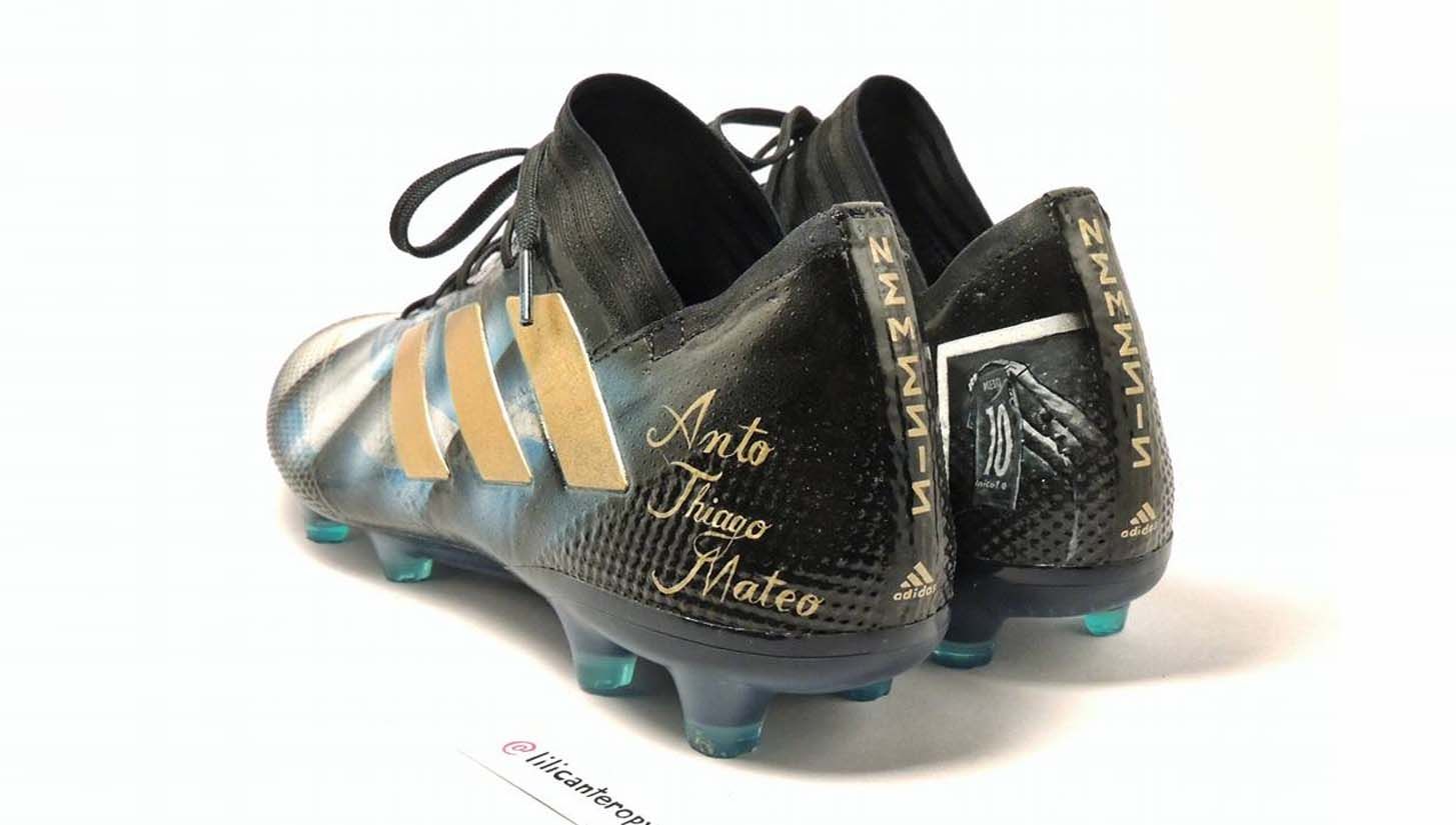Lili Cantero hand-painted Nemeziz 17.1, Argentina-themed boot with sky-blue and gold sun motif