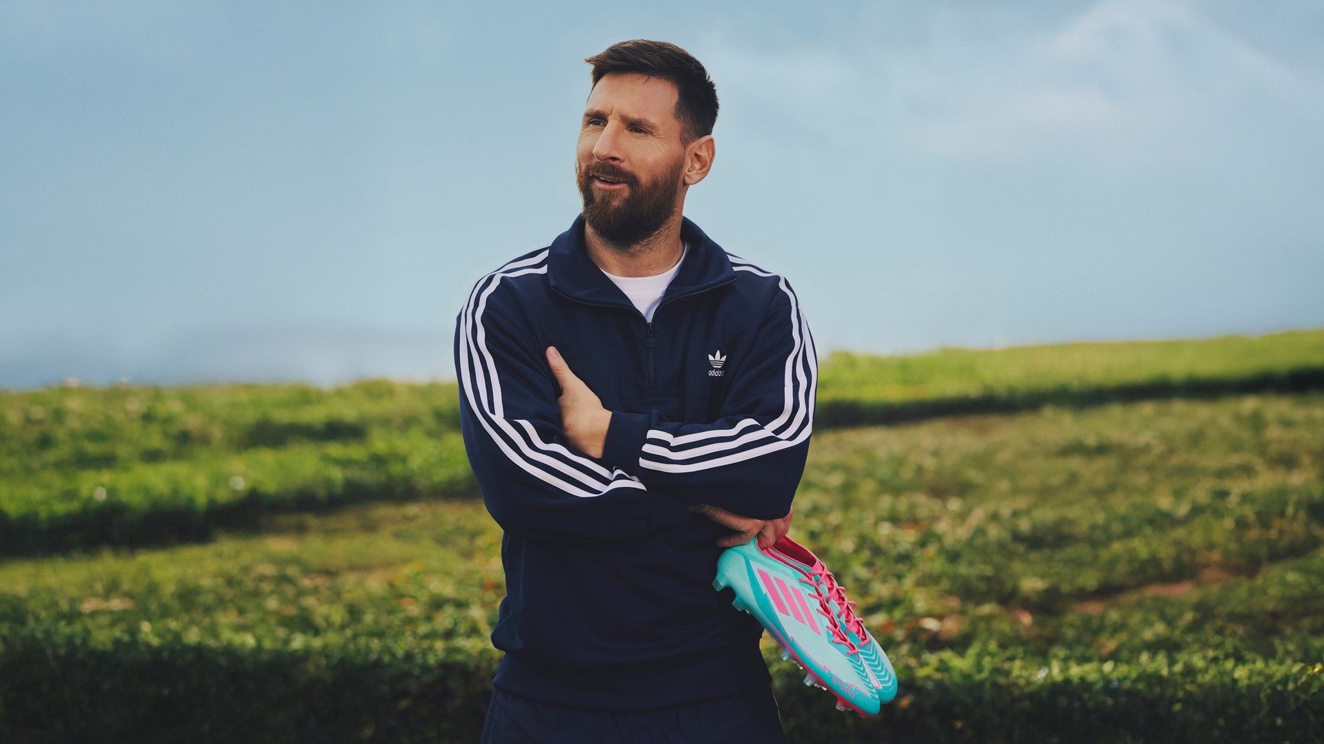 adidas F50 Messi "La Vida Tropical" official adidas newsroom hero image, pink and turquoise colorway