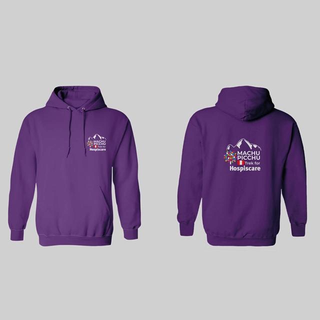 Purple hoodie, with branding on the front and back.