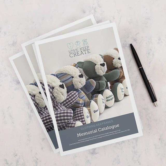 Brochures featuring keepsake teddy bears made from clothing, with a pen."