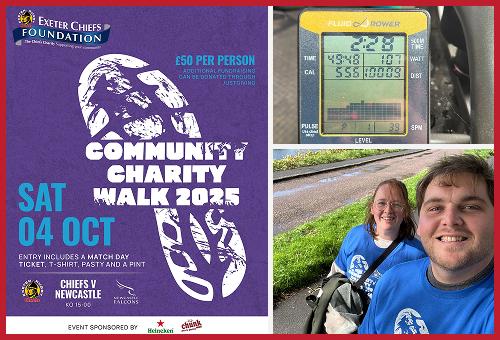 community charity walk banner, picture of 10000m reached on the rowing machine and selfie of two participants of the walk