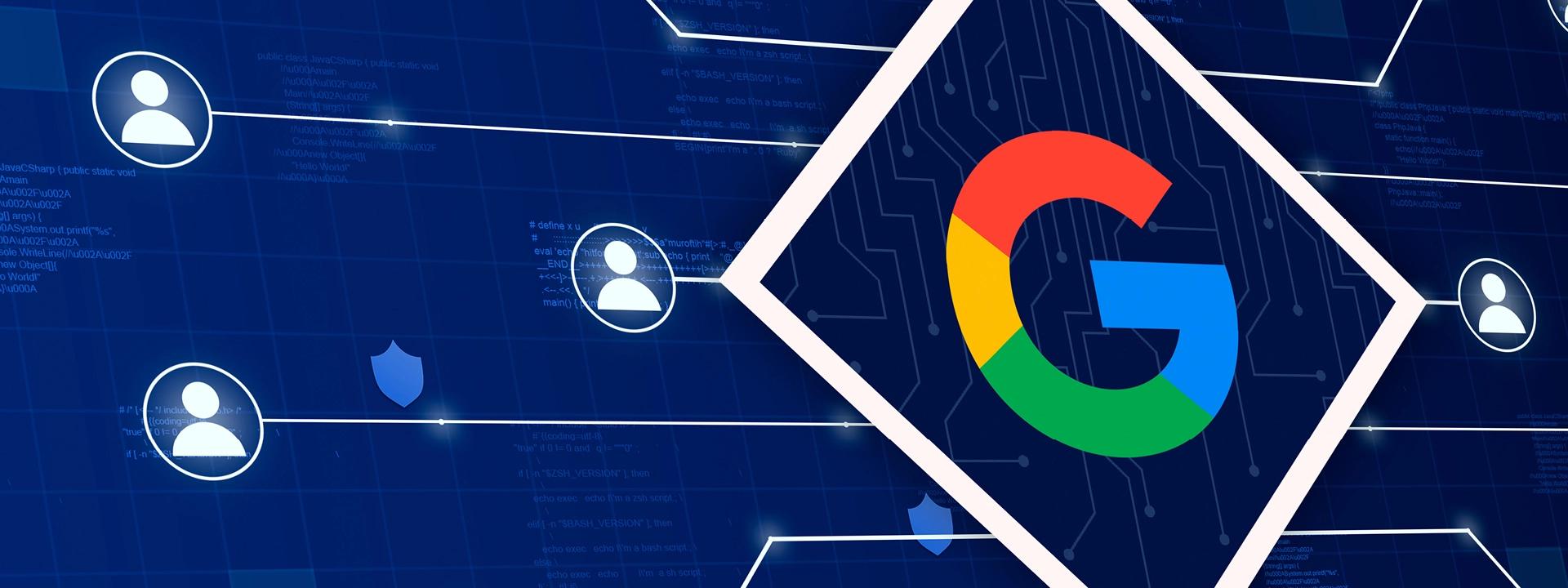 A large, colourful Google 'G' logo is central to an abstract digital background featuring interconnected lines, network nodes, user profile icons, and snippets of code, representing Google Ads PPC and its underlying digital infrastructure.