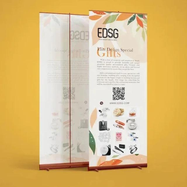 Orange background with a white branded roller banner in the center. 