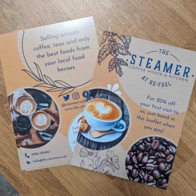 Cream and white flyer with branding. 