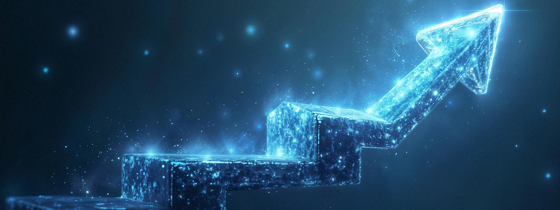 A glowing blue abstract arrow steps upwards against a dark, starry background, symbolising a growth hacking strategy and business progression.