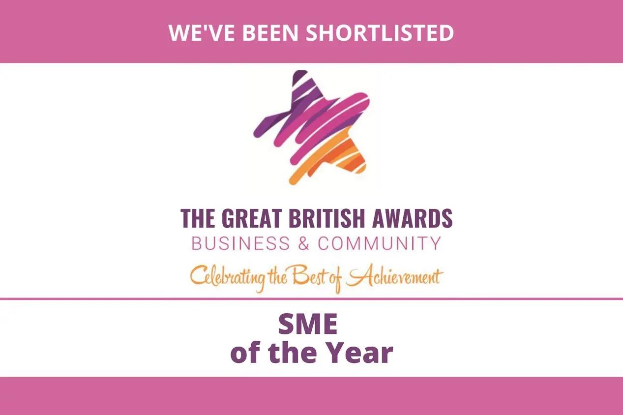 The image announces a "shortlisted" nomination for "SME of the Year" at "The Great British Awards," featuring their multi-colored star logo. The event celebrates achievement in business and community for Adopstar.