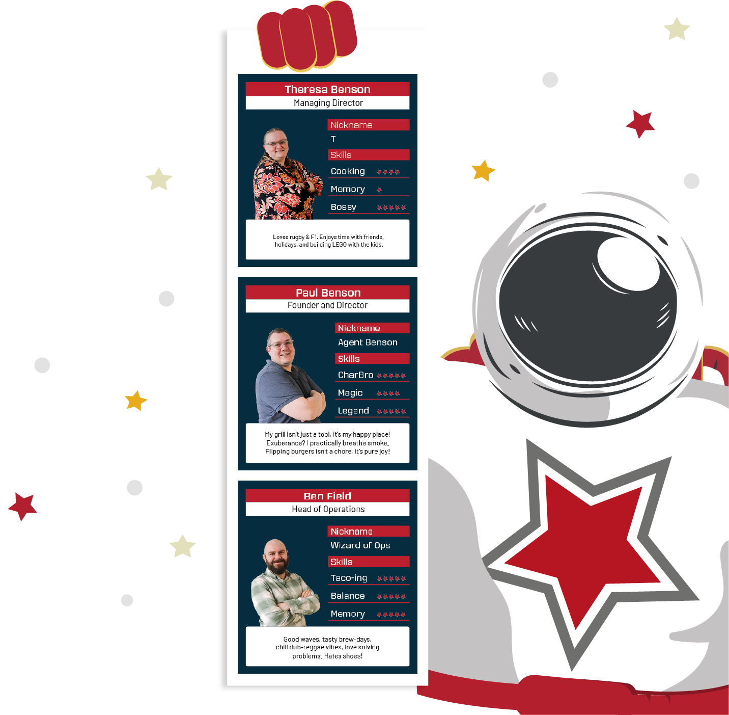 Spaceman holding team photos
