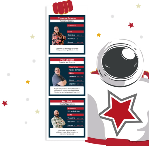 Spaceman holding team photos