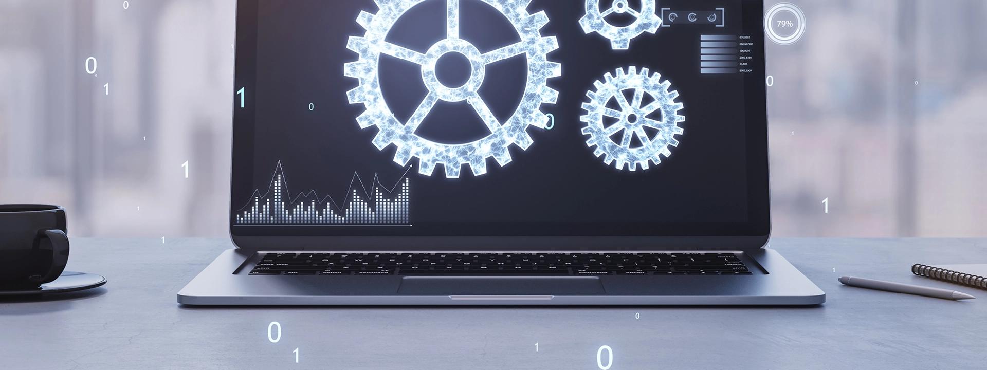  A laptop displays a digital interface with glowing gears, graphs, and binary code, symbolizing website maintenance or development. A black coffee cup and a notepad are on the desk beside the laptop.