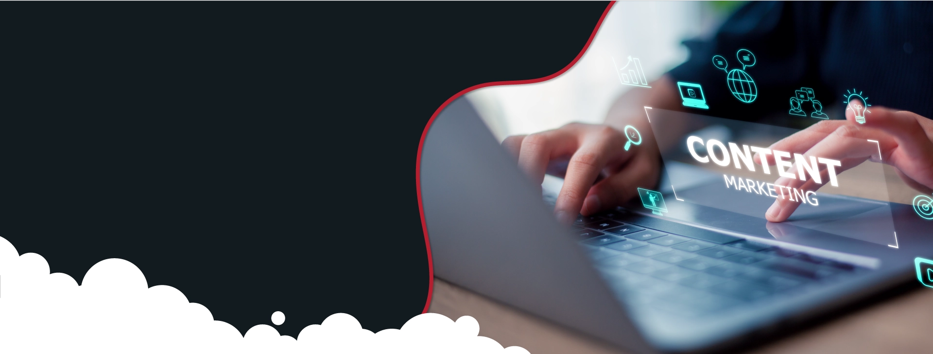 A person's hands are typing on a laptop, with "CONTENT MARKETING" text and various digital icons, including a lightbulb, globe, and camera, floating above the keyboard, symbolising content creation and digital marketing