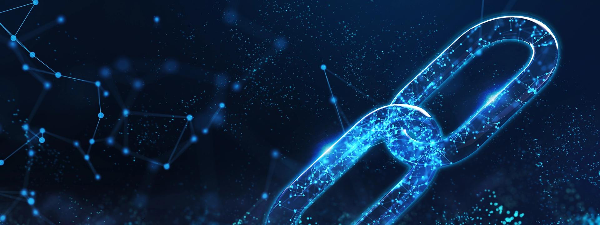 A glowing, abstract chain link is prominently displayed on a dark blue background filled with interconnected dots and lines, representing digital connections vital for SEO link building.