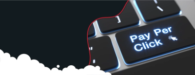  A close-up of a keyboard features a glowing "Pay Per Click" key with a mouse cursor icon. The background is dark, with a red wavy line bordering a white cloudy section on the left.
