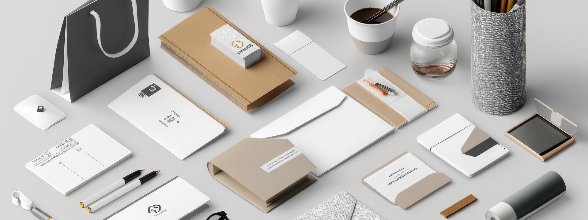 A top-down flat lay of various promotional branding items, including a shopping bag, coffee cups, business cards, envelopes, notebooks, pens, and other desk accessories, all laid out on a light grey surface.
