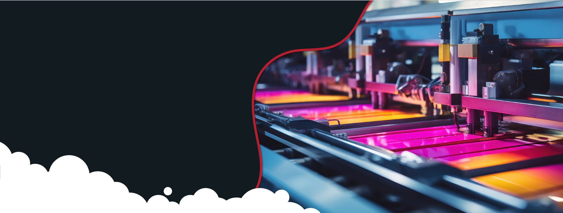 A close-up of a large industrial printing press with vibrant magenta and yellow sheets of paper moving through it, symbolising print services .