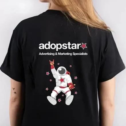 Black t-shirt, with white text branding and astronaut logo. 