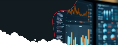 Two monitors display data analytics, featuring orange line graphs and blue and orange bar charts on a dark background. The left side is dark with a red wavy line and white cloud shapes.