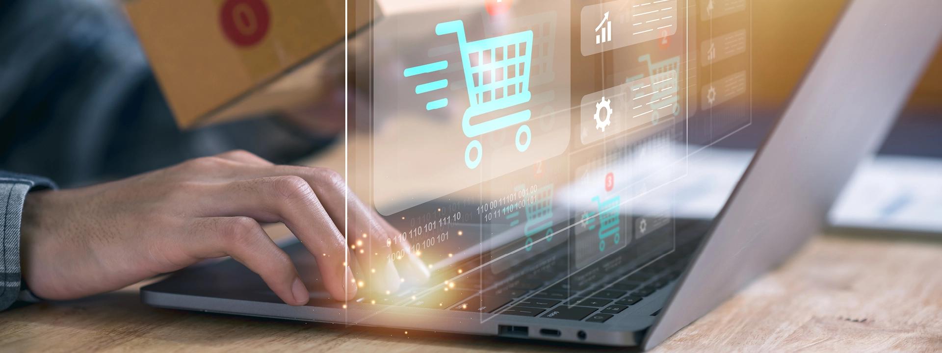 A person is typing on a laptop, with glowing digital icons of a shopping cart, a delivery box, and analytics graphs floating above the keyboard, representing Shopify and e-commerce.