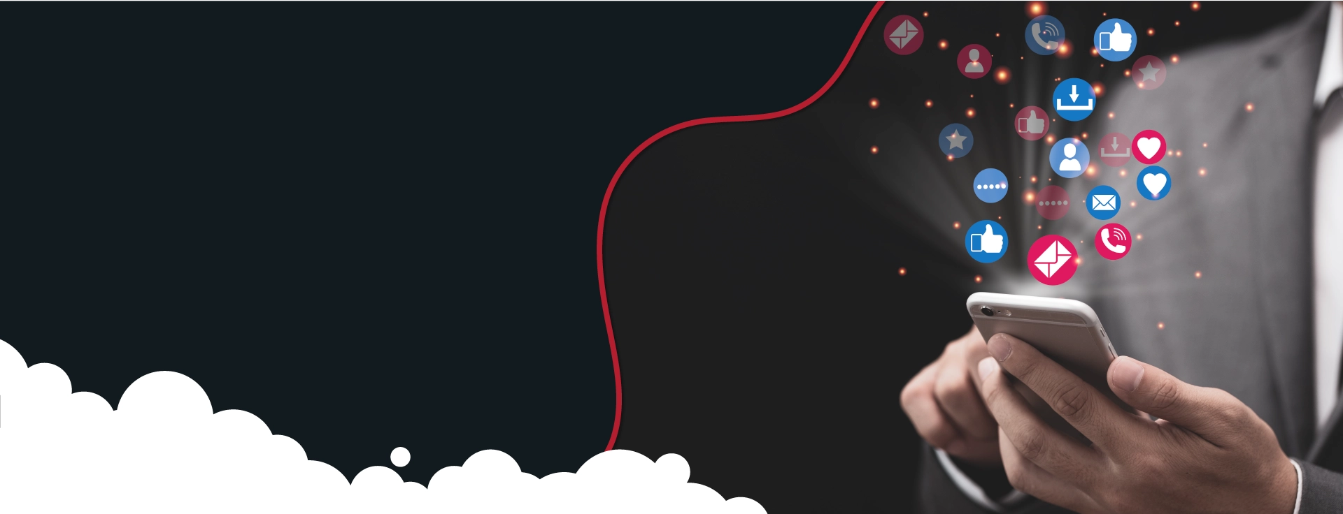 A person holds a smartphone, with numerous social media icons like thumbs-up, hearts, messages, and shares floating out of it, against a dark background with a red abstract line and white clouds.