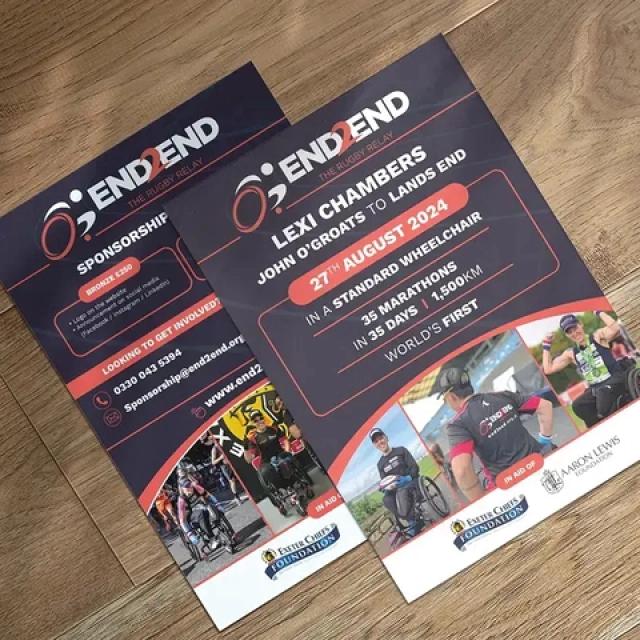 End-2-End branded flyer, with blue, red & white design. 