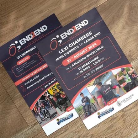 End-2-End branded flyer, with blue, red & white design. 