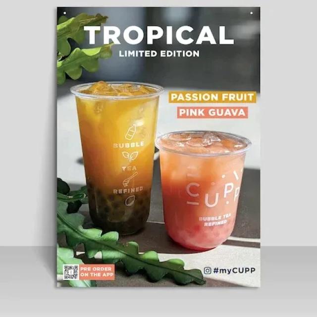 Grey and white branded poster, with tropical frozen drinks. 