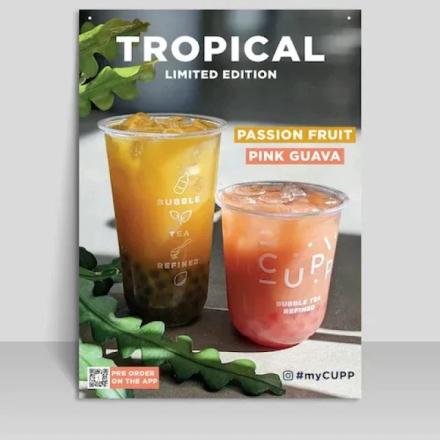 Grey and white branded poster, with tropical frozen drinks. 