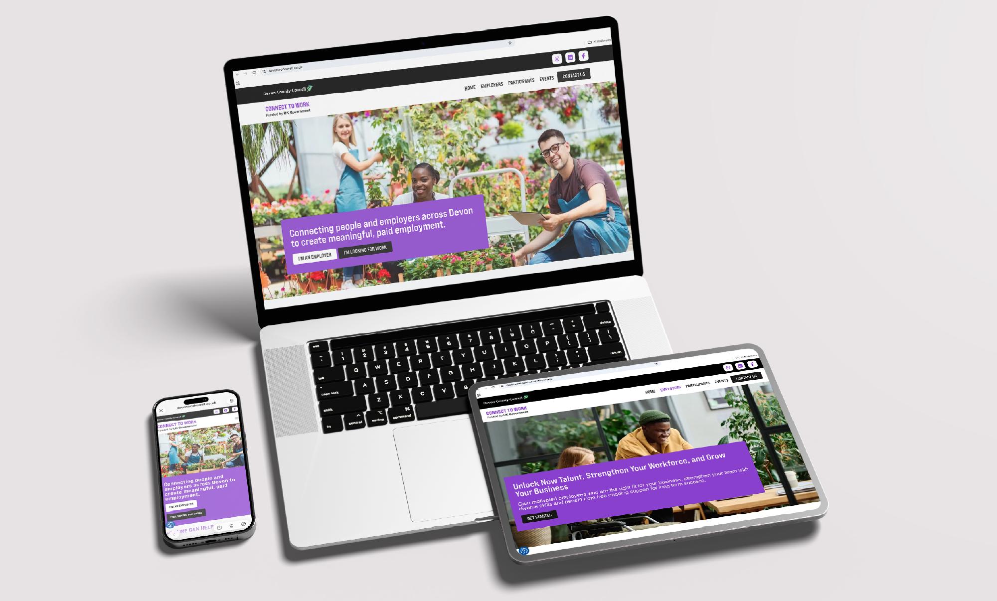Laptop, mobile & monitor with Devon Works Well website graphic