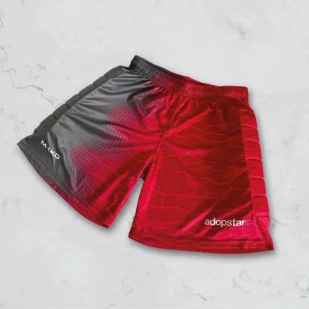 Red and Grey, branded football shorts.