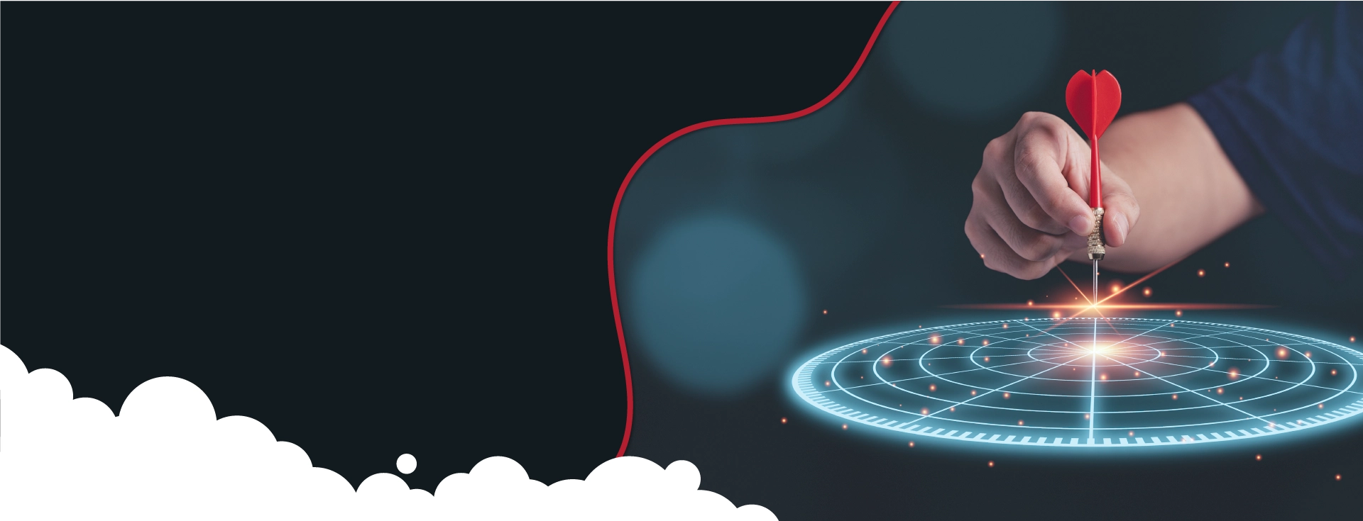 A hand holds a red dart, aiming it at the glowing center of a digital bullseye target, surrounded by a network of interconnected points, symbolising precise marketing strategy and achieving goals.