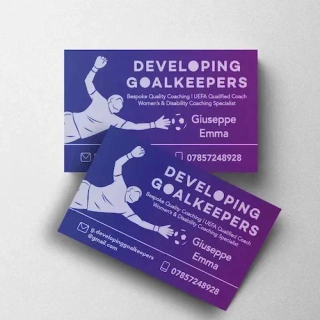 Blue and purple business cards, with 'developing goalkeeping' branding.