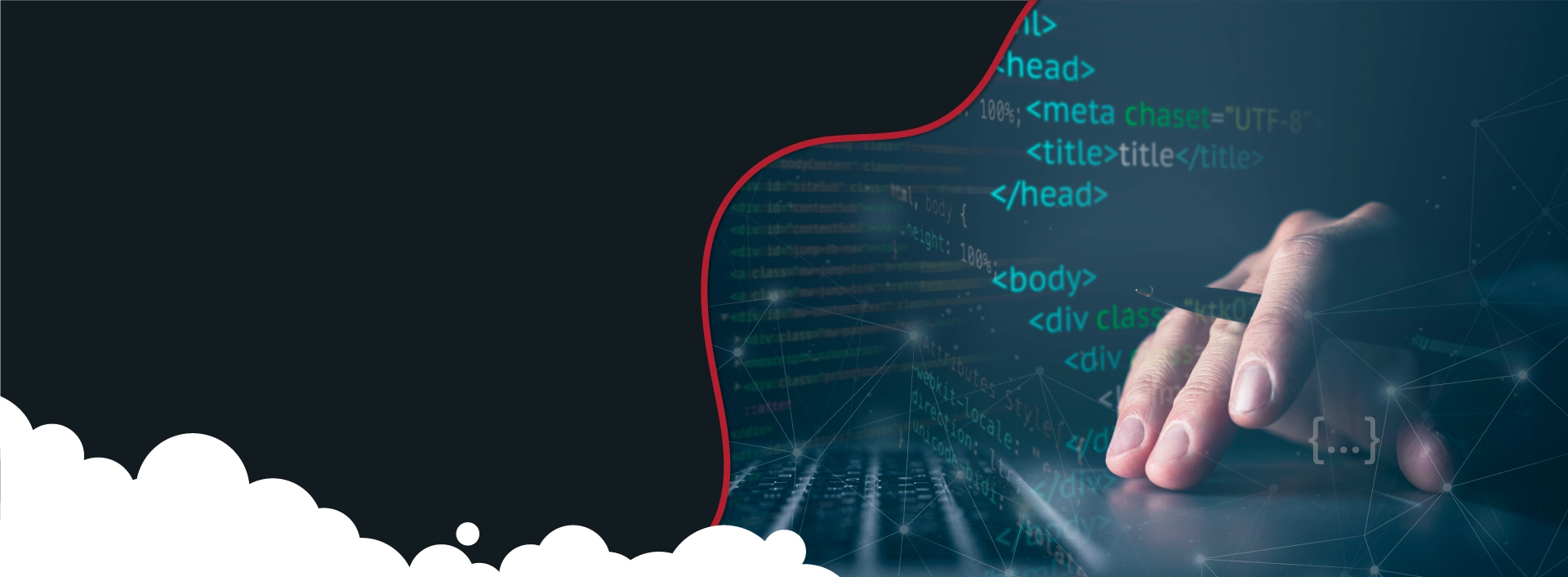 Developer's hand typing code on a laptop, representing websites development and coding.