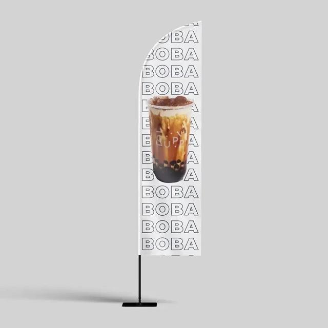 Branded white banner, with iced drink on. 