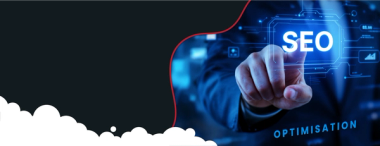  A businessperson's hand points to a glowing, futuristic "SEO" button on a digital interface, with the word "OPTIMISATION" below it. The background is dark with blue digital lines and a red wavy outline bordering a white cloudy section.