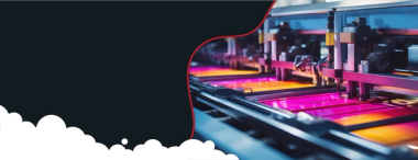  A close-up of industrial printing machinery shows vibrant sheets of paper with pink and yellow hues moving through the rollers. The left side of the image is a dark background with a red wavy line bordering a white cloudy section at the bottom.
