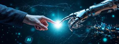 A human hand and a robotic hand about to touch, with a bright blue light emanating between their fingertips