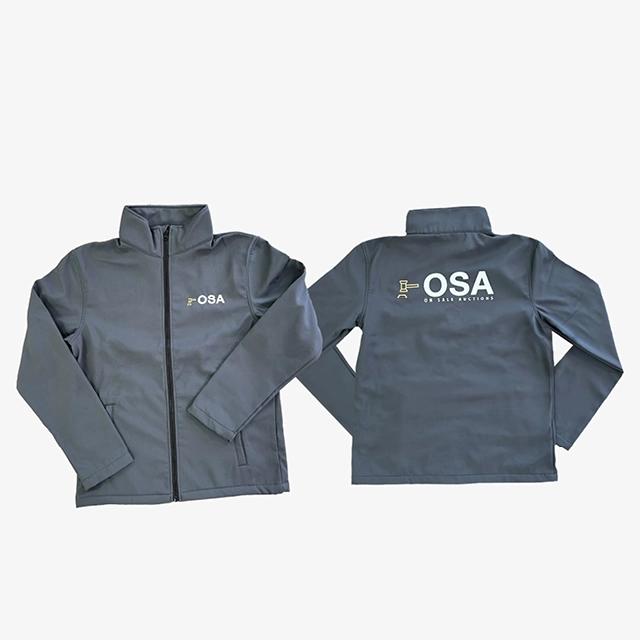 Grey zip-up jacket, with white branding on the front and back. 